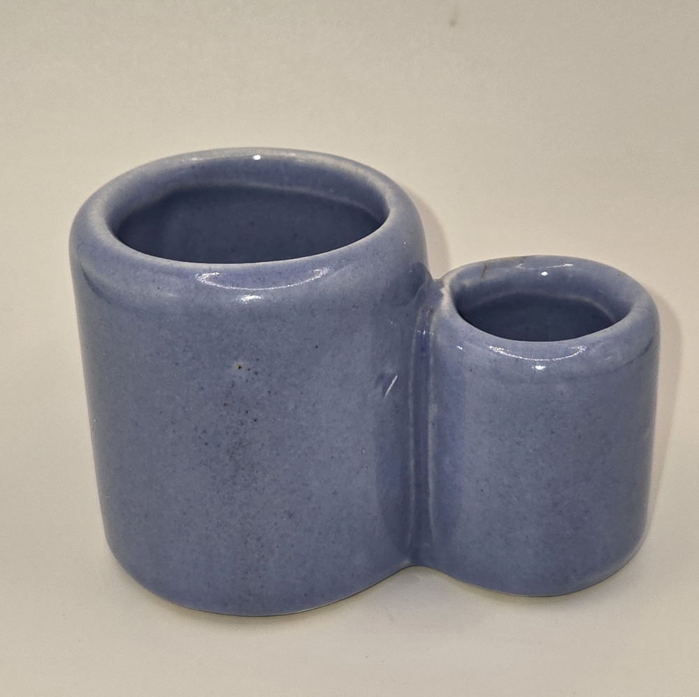 Vintage Small Boho Style Chambray Blue Ceramic Double Round Connected Vases